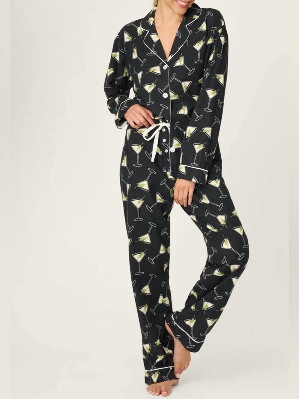 PJ Salvage Black Martini-Print Long Sleeve 100% Cotton Pajama Set